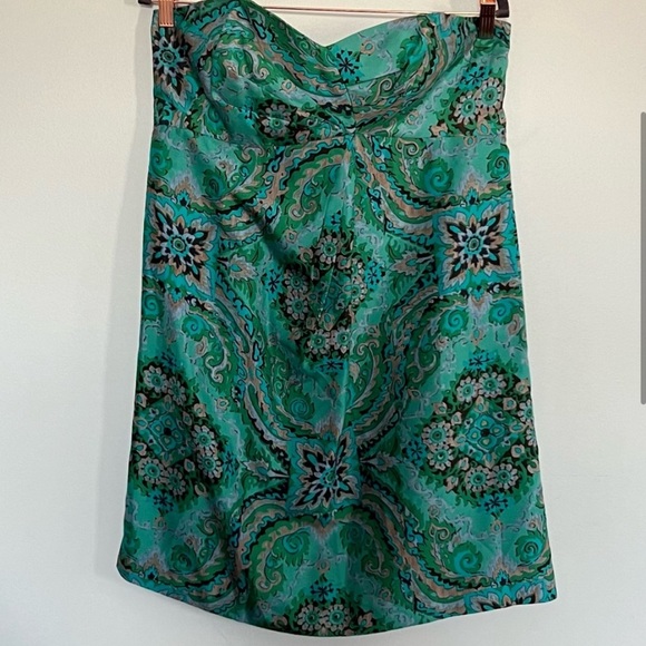 J. Crew 100% Silk Green / Teal Paisley Strapless Boho Dress Women’s Size 14 - Picture 2 of 11